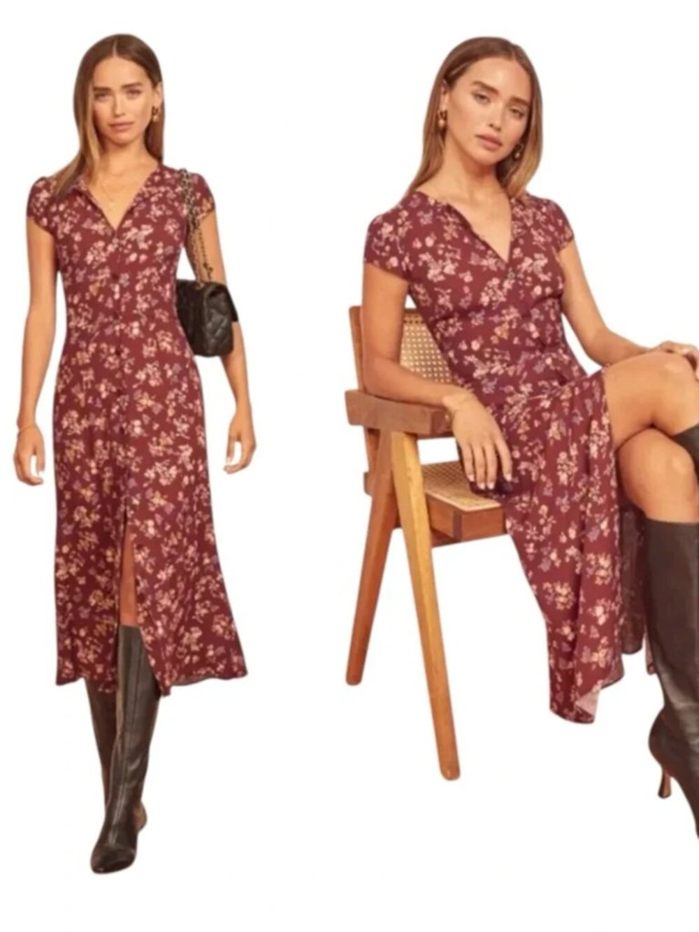 Reformation Zeta High Neck Burgundy Red Floral Midi Dress